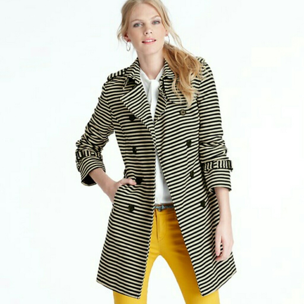 LOFT Striped Double Breasted Trench Coat Black Cream Belted Mid Length‎ Jacket
